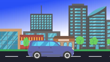 car driving rides around city side view, loop animation, flat design background