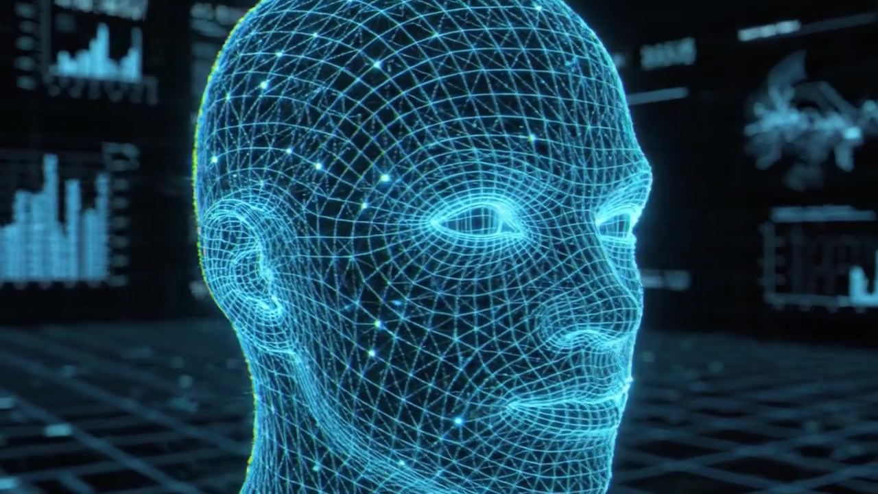 Exploring the digital dimensions of a human-like figure represented in a wireframe holographic model, showcasing intricate details and technological integration.
