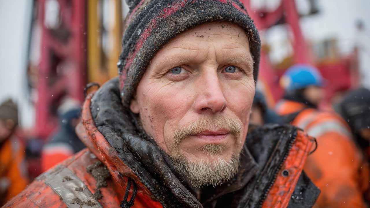 A rugged individual stands in the foreground, highlighting the resilience and determination of workers in challenging environments, dressed in weathered gear and facing the elements