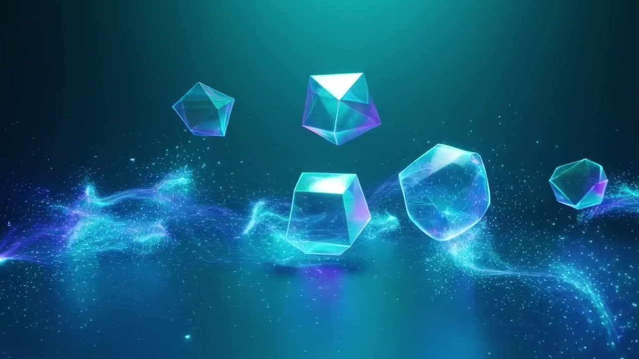 Abstract Floating Geometric Crystals with Glowing Blue Energy Particles
