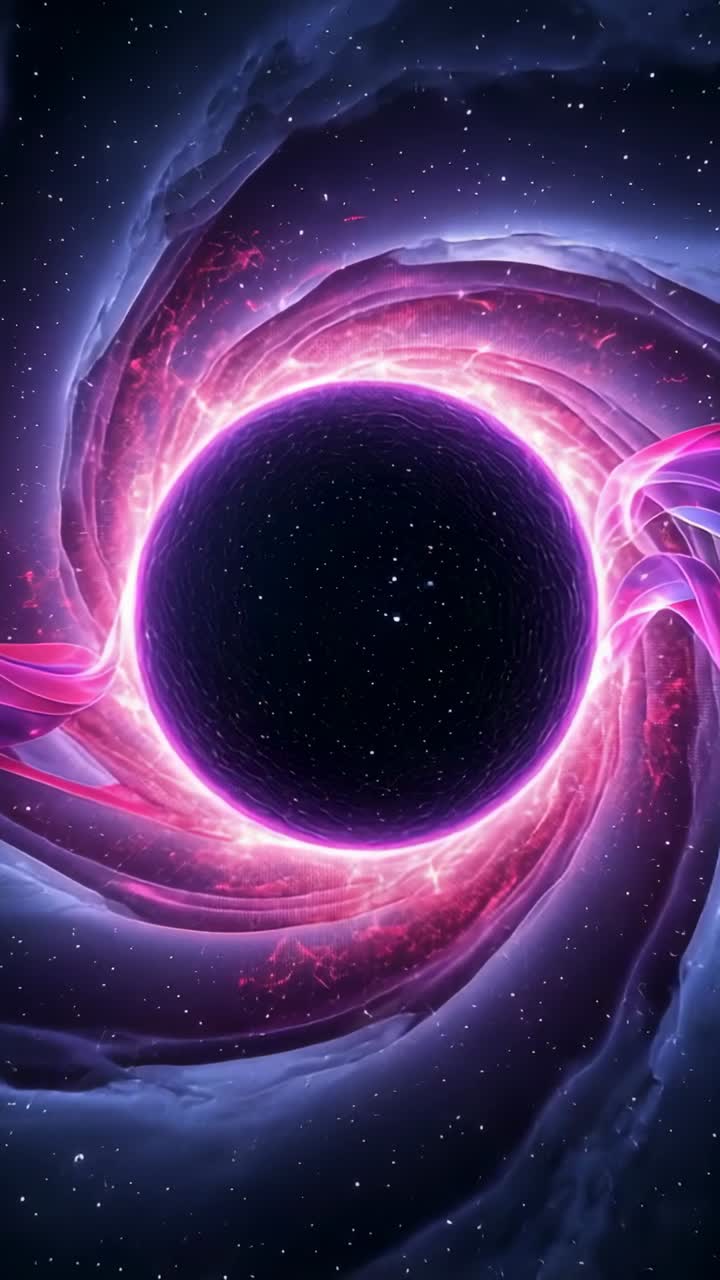 Vertical video: Rotating glowing plasma vortex forming from void in space, pulsing energy filaments