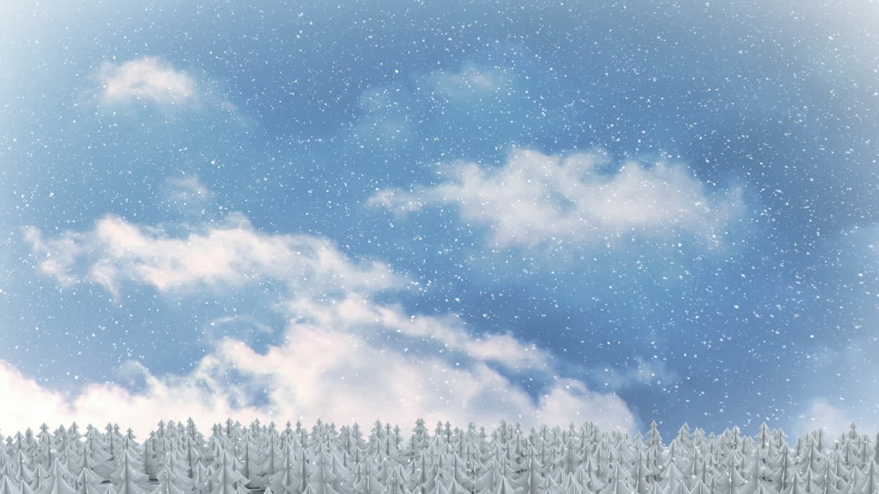 Animation of snow falling over fir trees and winter landscape