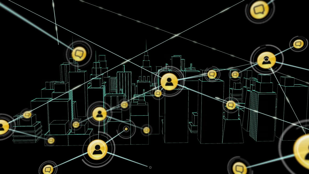Animazione di reti di connessioni con icone su un disegno 3D di città che ruota su sfondo nero