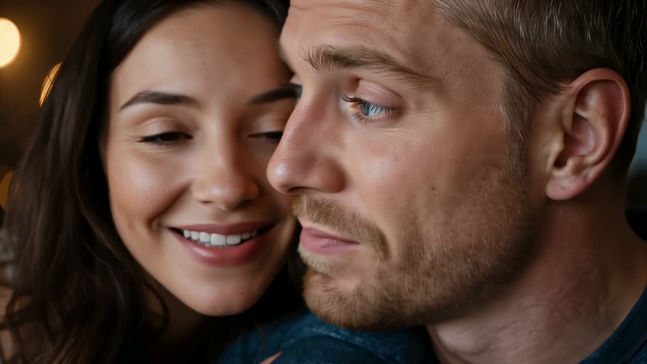 Camera starting, couple leaning and nuzzling in cozy room, casual tops, bokeh lights
