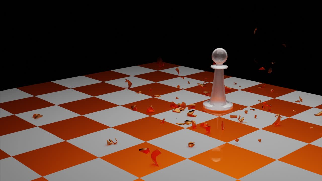 Skakbræt med en hvid bonde stående på et orange og hvidt skakbræt, med en rød bonde liggende på jorden og en sort baggrund