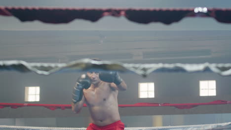 young male boxer doing shadow fight in boxing gym