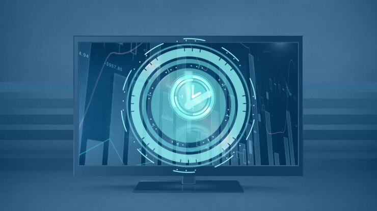 Animation of moving clock over graph on computer