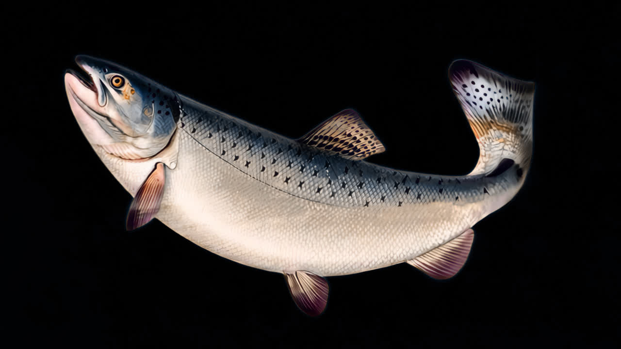 Detaillierte Illustration einer Lachs-Animation, isoliertes Element, transparentes 4K-Video, Alpha-Kanal