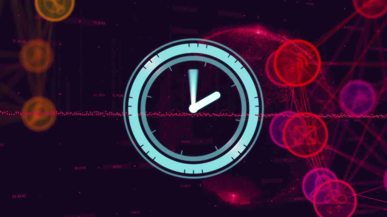 animación del reloj sobre la red de conexiones con íconos y procesamiento de datos