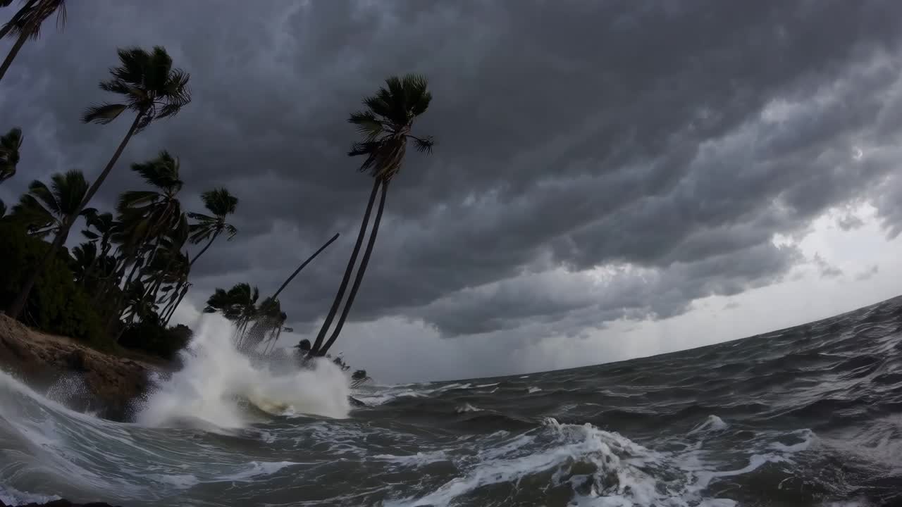 Dramatic low-angle video shot of stormy ocean waves crashing against a palm-lined shore under dark