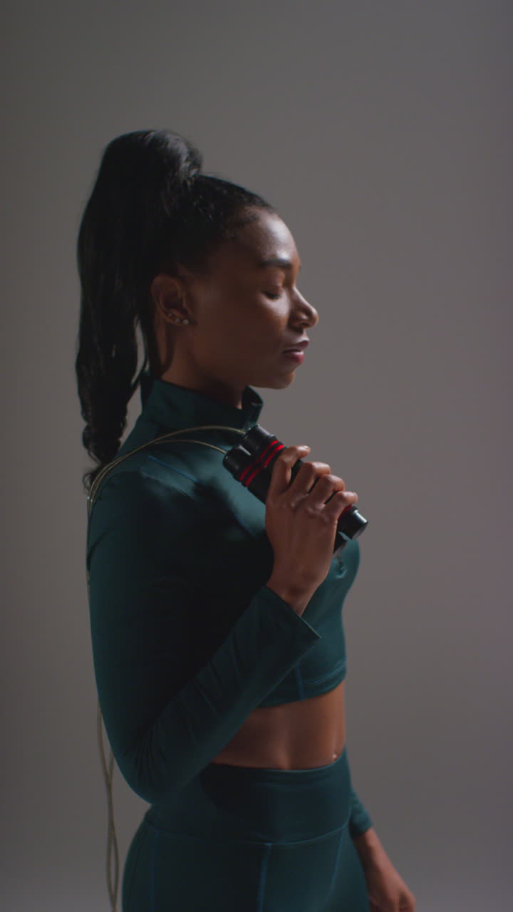 retrato vertical de estudio de video de una atleta que usa un traje de entrenamiento en una clase de gimnasia con cuerda de salto o cuerda de saltado contra un fondo plano 1