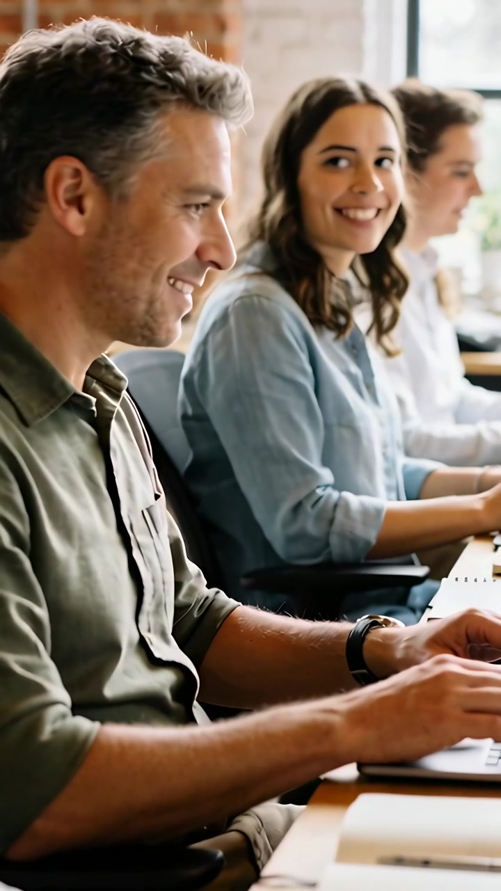 Video verticale: Uomo che digita con una camicia color oliva, lancia un'occhiata a un collega dopo il suo sorriso in un ufficio open space, laptop