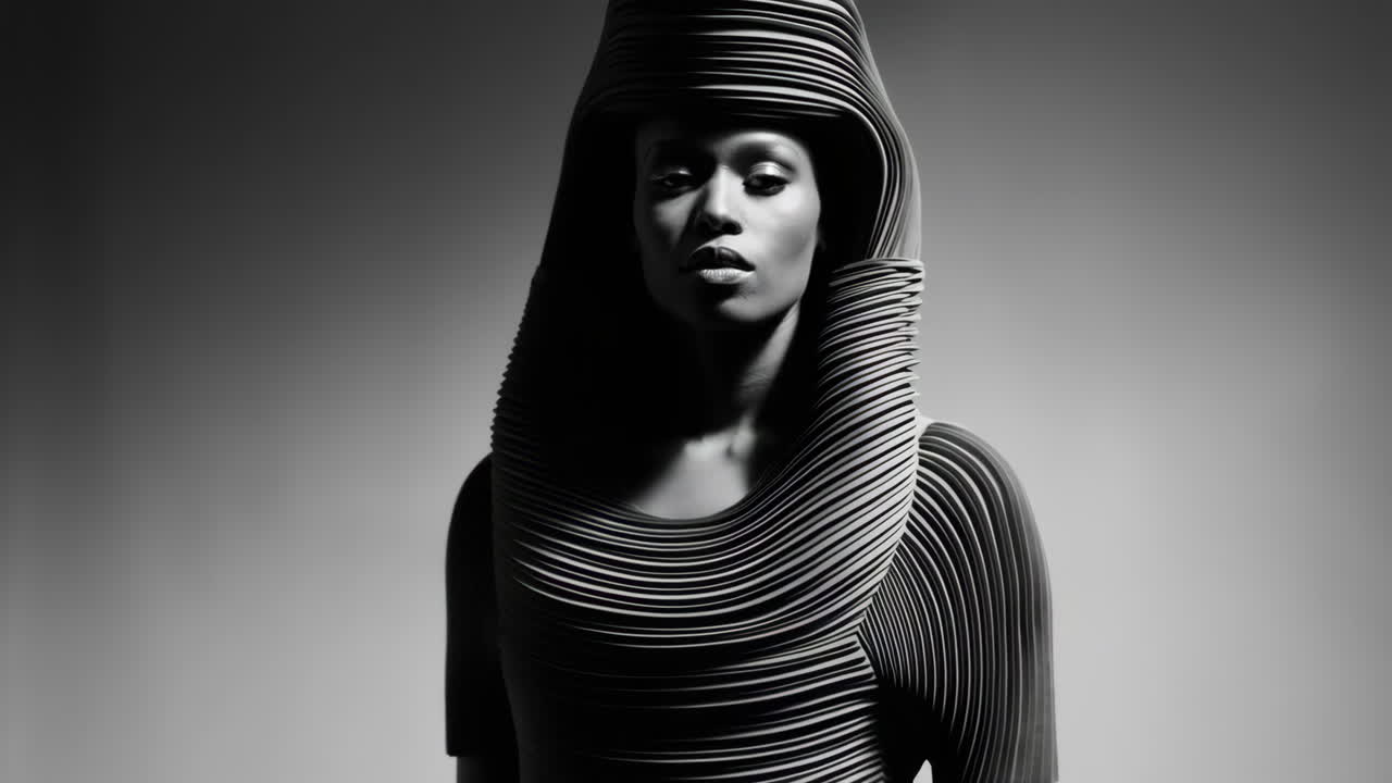 Monochromatic Portrait of a Woman in Avant-Garde Pleated Fashion