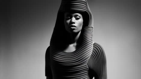 monochromatic portrait of a woman in avant-garde pleated fashion