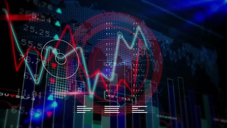 global financial data and stock market analysis animation over digital world map