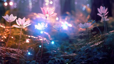 Enchanted forest scene with glowing flowers, captured from a low angle