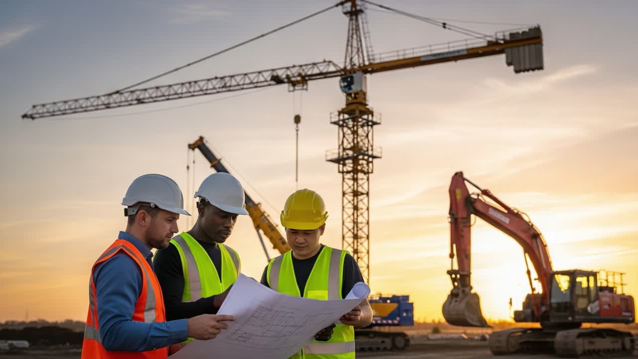 Construction Workers Collaborating on Blueprint Planning at Sunset with Heavy Machinery and Crane Background