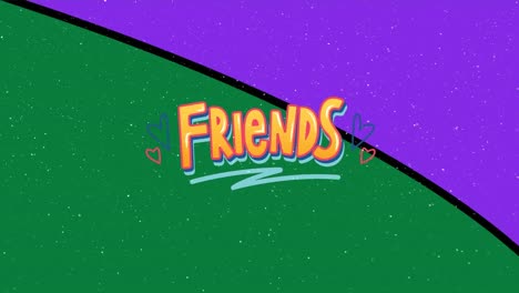 animation of snow falling over friends text on green and purple background