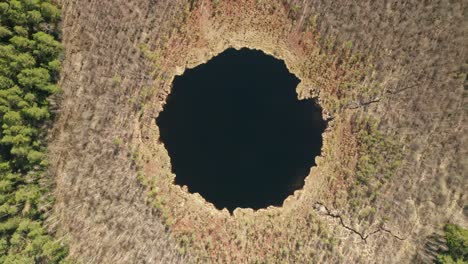 aerial: top view of round deep blue lake in forest