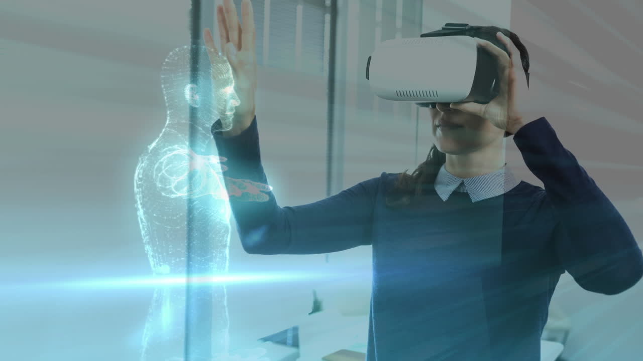 Using virtual reality headset, person interacting with holographic human figure animation