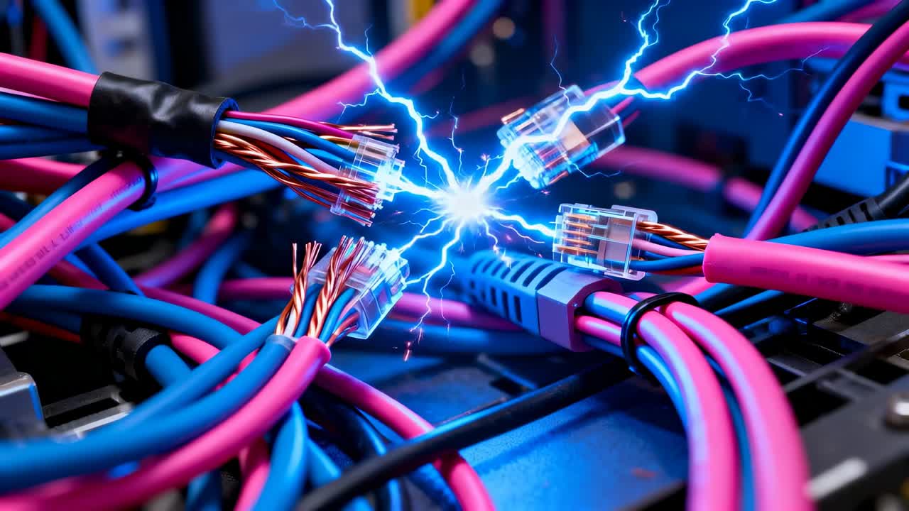 Bluish glow appearing near center, clustered pink-blue cables on rack arcing toward exposed wires
