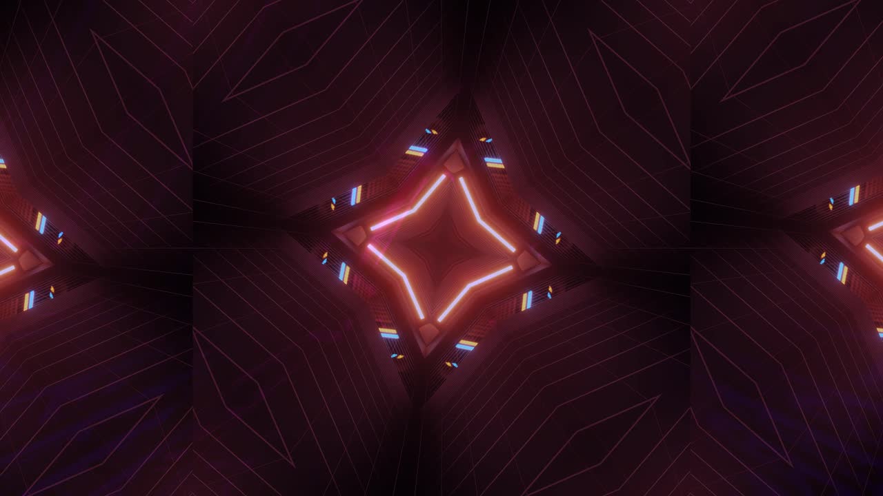 VJ Loop - Red, Blue and Purple Kaleidoscope Spinning to Reveal Shifting Shapes of Squares and Triangles
