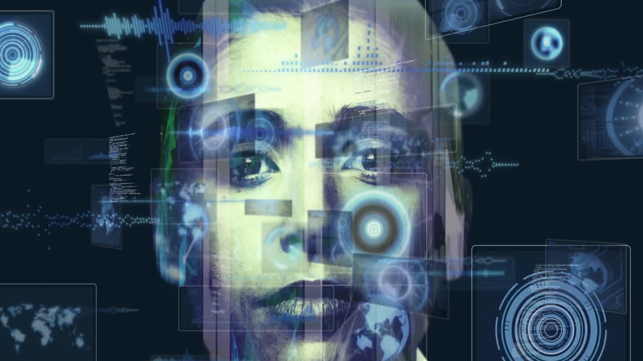 animación del procesamiento de datos sobre el rostro de una mujer caucásica