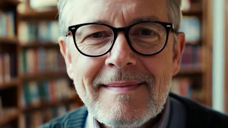 un hombre mayor sonriente en una biblioteca, con gafas y un suéter casual