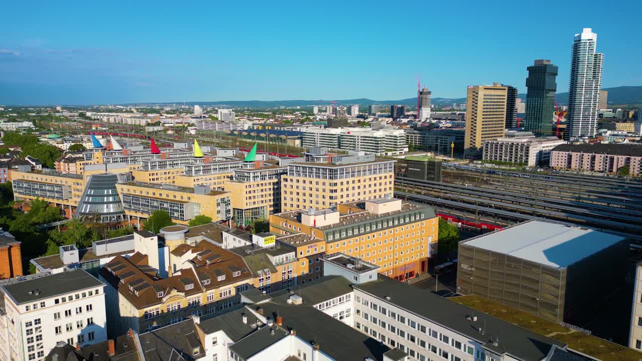 4K Aerial Drone Video of Colorful Government Offices Near the Historic Train Station in Downtown Frankfurt, Germany