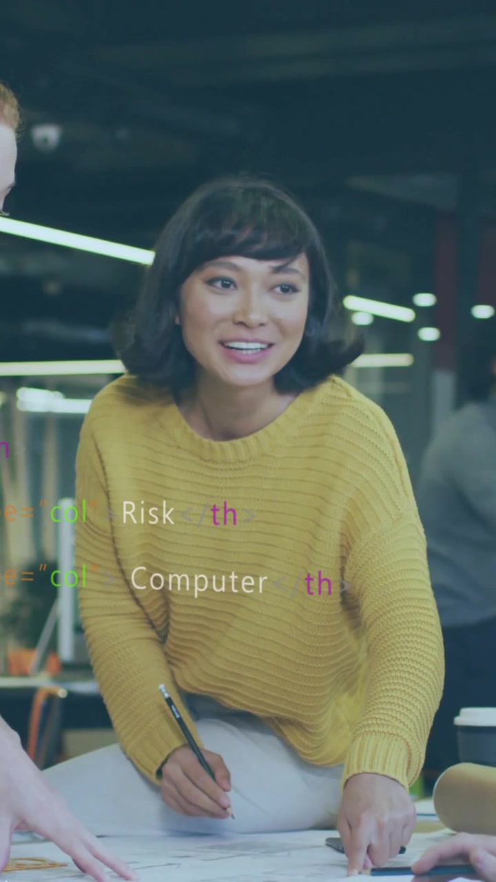 Animation of financial data processing over diverse business people in office