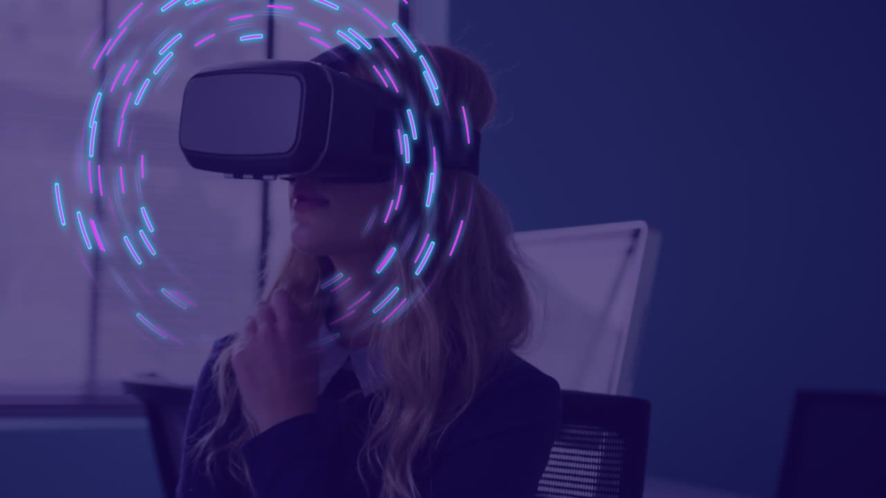 Animation of glowing light trails of data transfer over caucasian woman in vr headset
