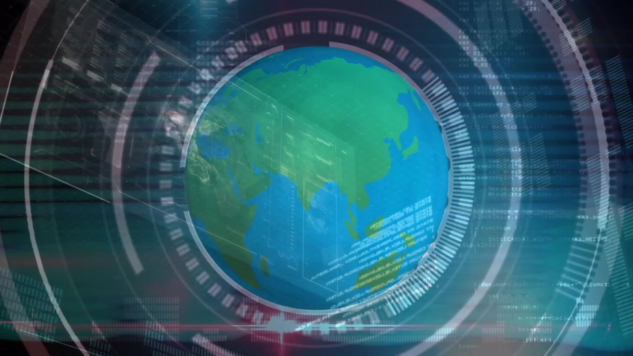 Animation of data processing and globe over scan scope on dark background