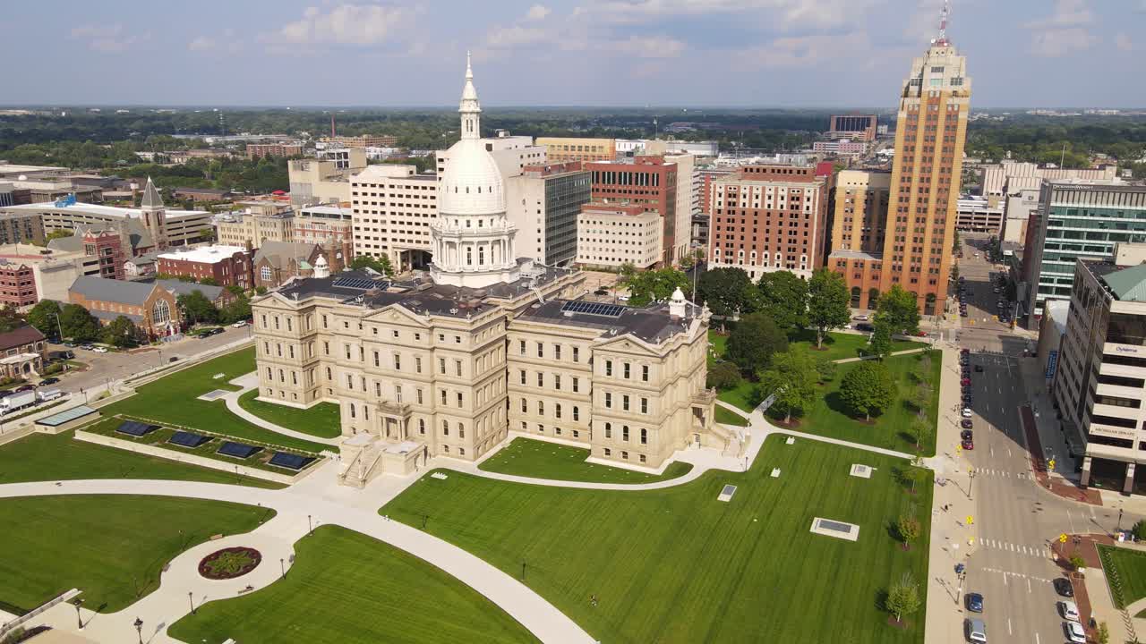Aerial view of the historic and striking Michigan Capitol Building