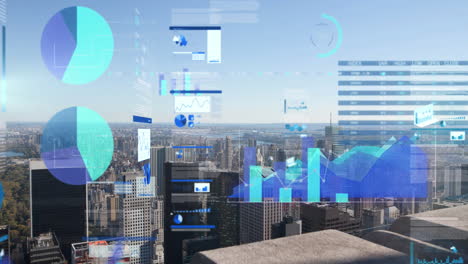 animation of financial data processing over cityscape