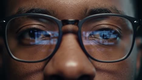 man's eyes with glasses reflecting digital information