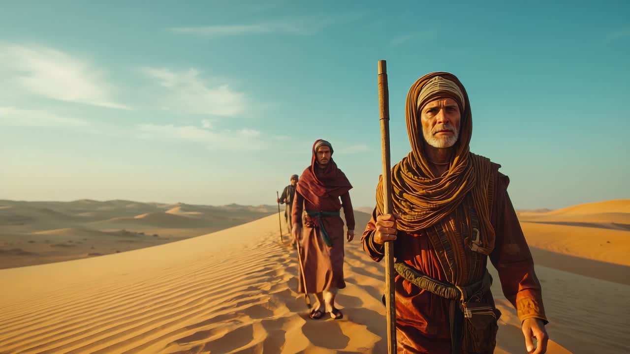 Traversing three desert travelers ascending and descending dune ridge with wooden staff, copy space