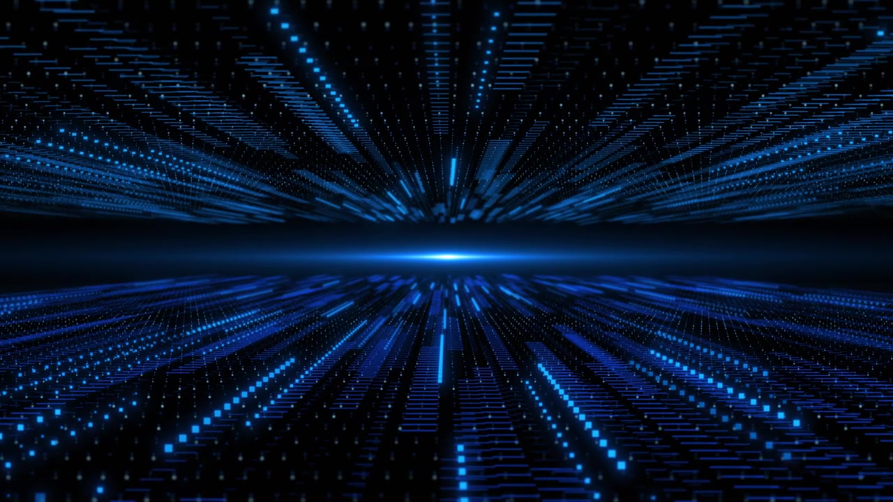 Visualizzazione di dati a matrice blu con corsie di particelle luminose, bagliore dell'orizzonte centrato e tecnologia scura.