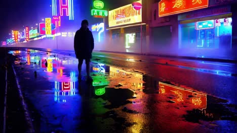 반사와 함께 네온 밤 도시 거리