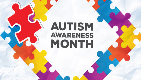 animation of red and yellow puzzles autism awareness month text in frame with puzzles on white