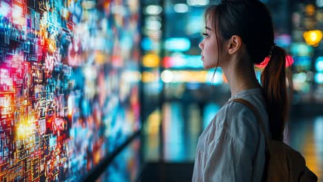 young woman gazes at vibrant digital display in city at night