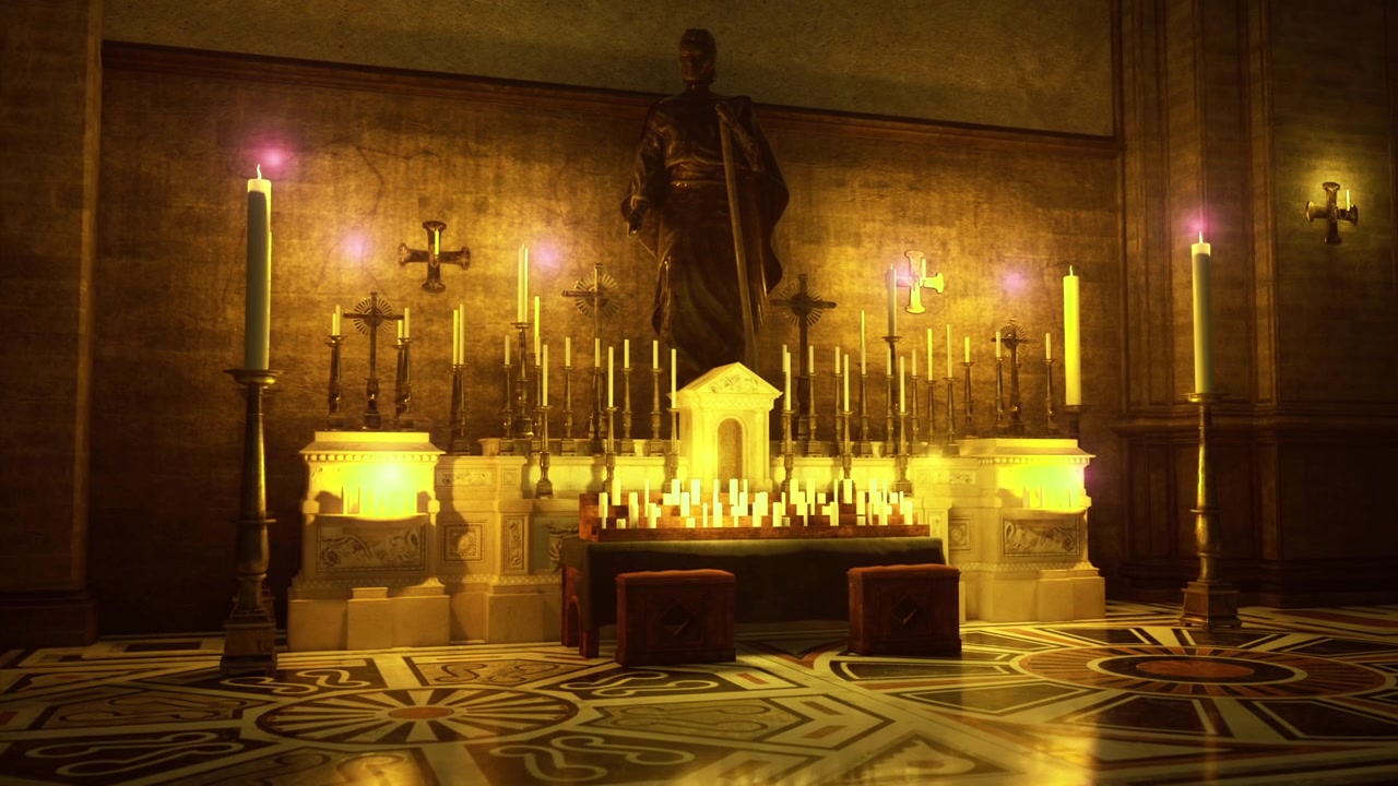 Altare religioso vintage illuminato da luci cinematografiche e disegni intricati