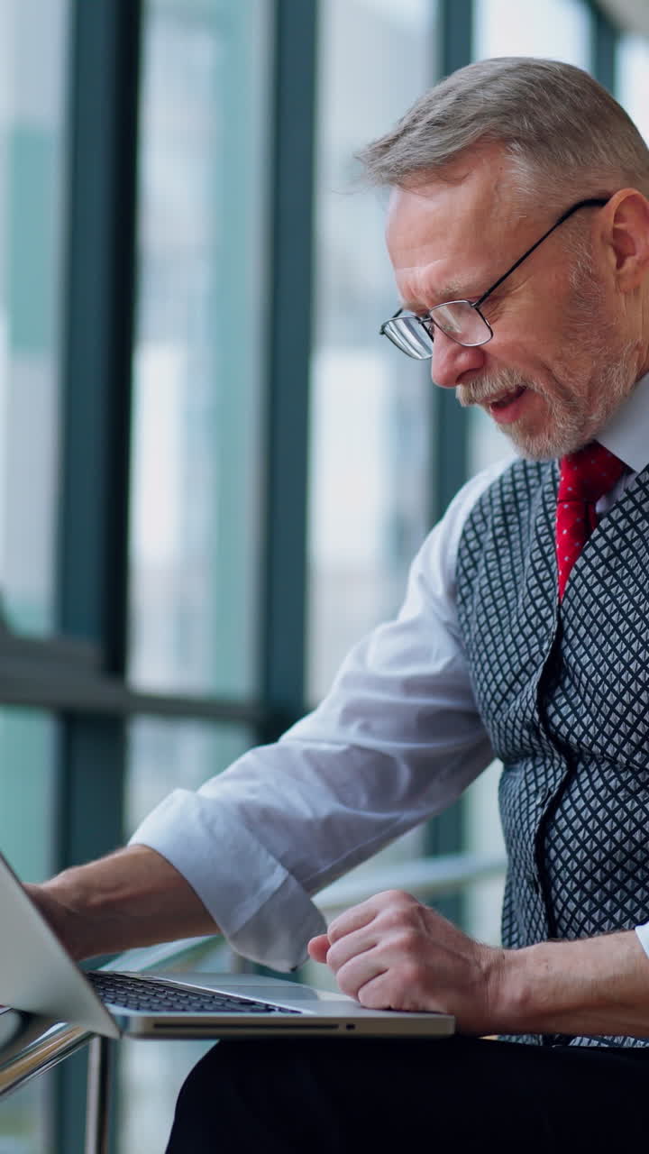 Elderly businessman using laptop and typing notes working while sitting in modern office. Selective focus, video near the window. Vertical video