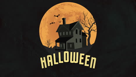 Halloween-with-old-house,-big-moon-and-fly-bats-in-night