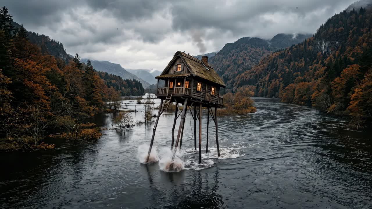 Geheimnisvolles Holzhaus auf Stelzen geht durch einen Fluss im Herbstwald