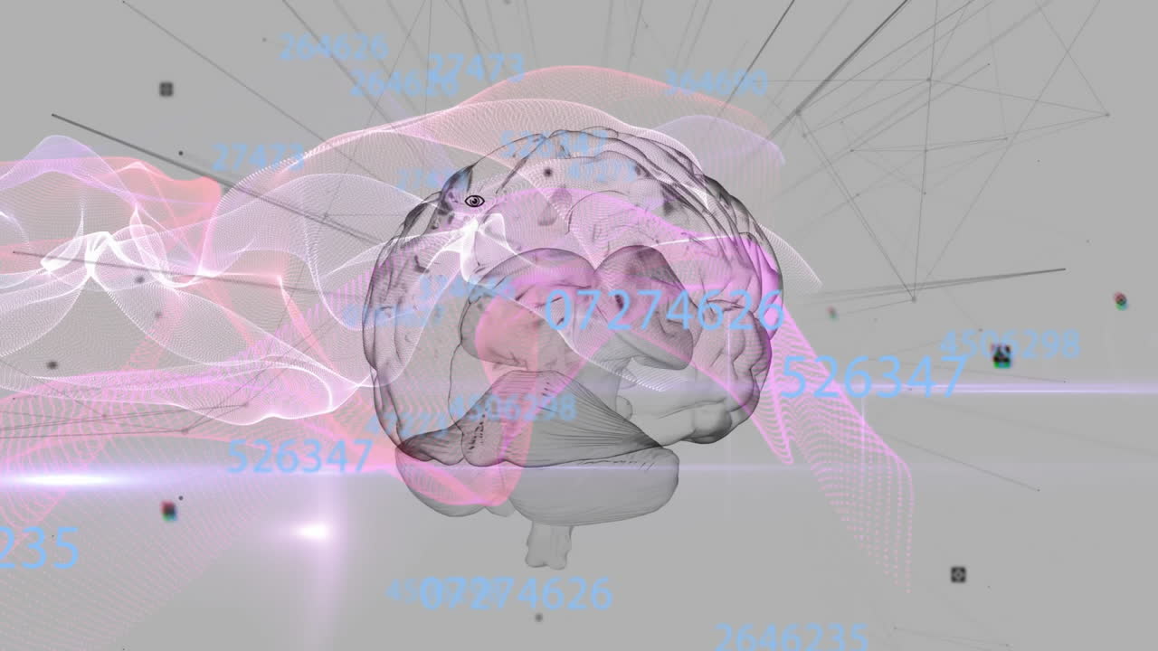 백색 배경에 디지털 뇌를 통해 데이터 처리 및 연결 네트워크의 애니메이션