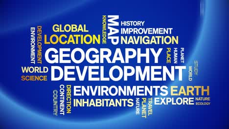 geography development animated tag word cloud,text animation seamless loop.