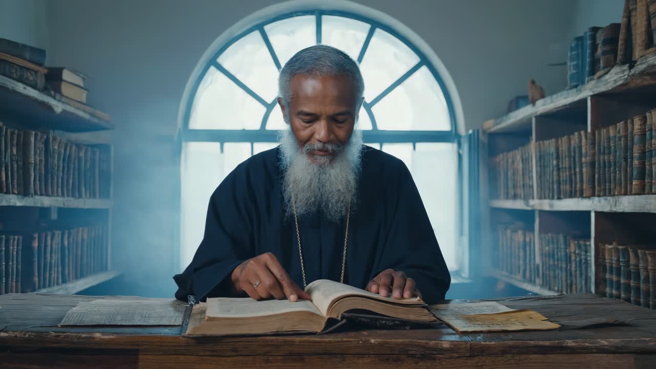 Monk reading an old book in a library