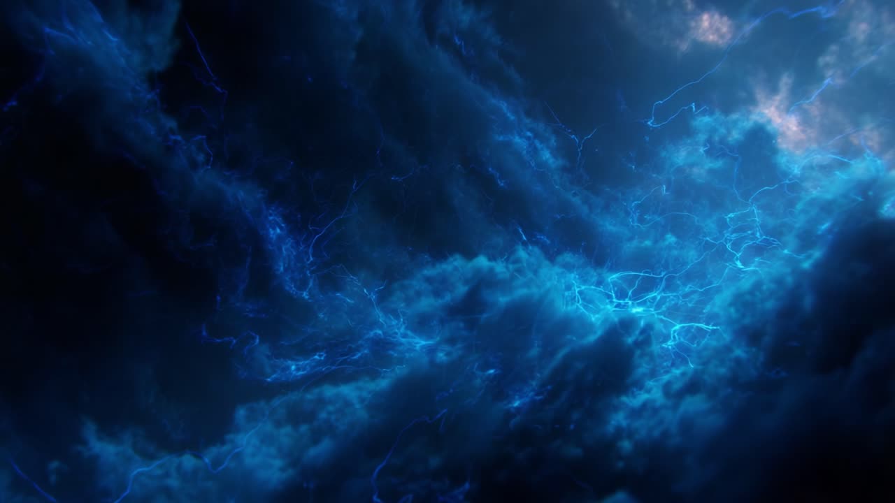 Captivating Electric Cloudscape: A Stunning Visual Representation of Nature's Power and Energy in a Mesmerizing Blue Atmosphere with Dramatic Lightning Effects