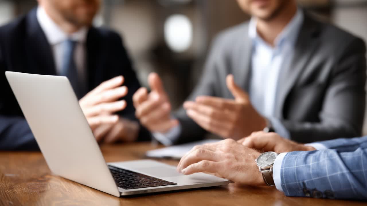 Business Discussion: Two Men Engaged in a Meeting Over a Laptop, Exploring Ideas and Strategies in a Professional Setting