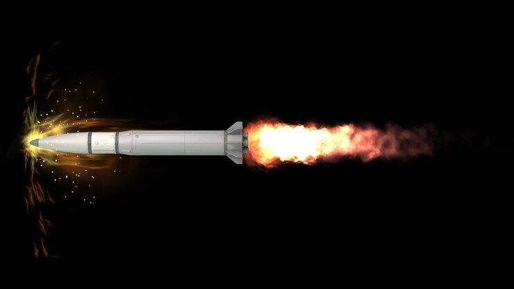 Detailed 3D futuristic nuclear missile design 09, launching with powerful rocket flames, fiery exhaust, sparks, and energy effects on a black background. Ideal for military technology concepts.